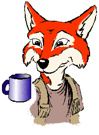 A vest wearing fox with a cup of coffee